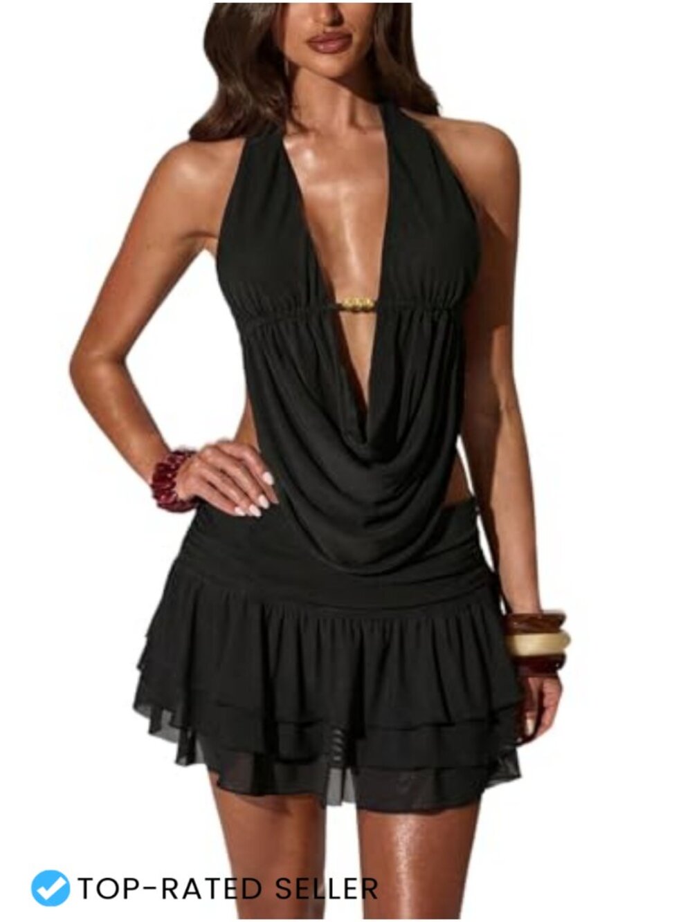 2 Piece Set Draped Halter Top Ruffle Mini Skirt Y2K Party Club